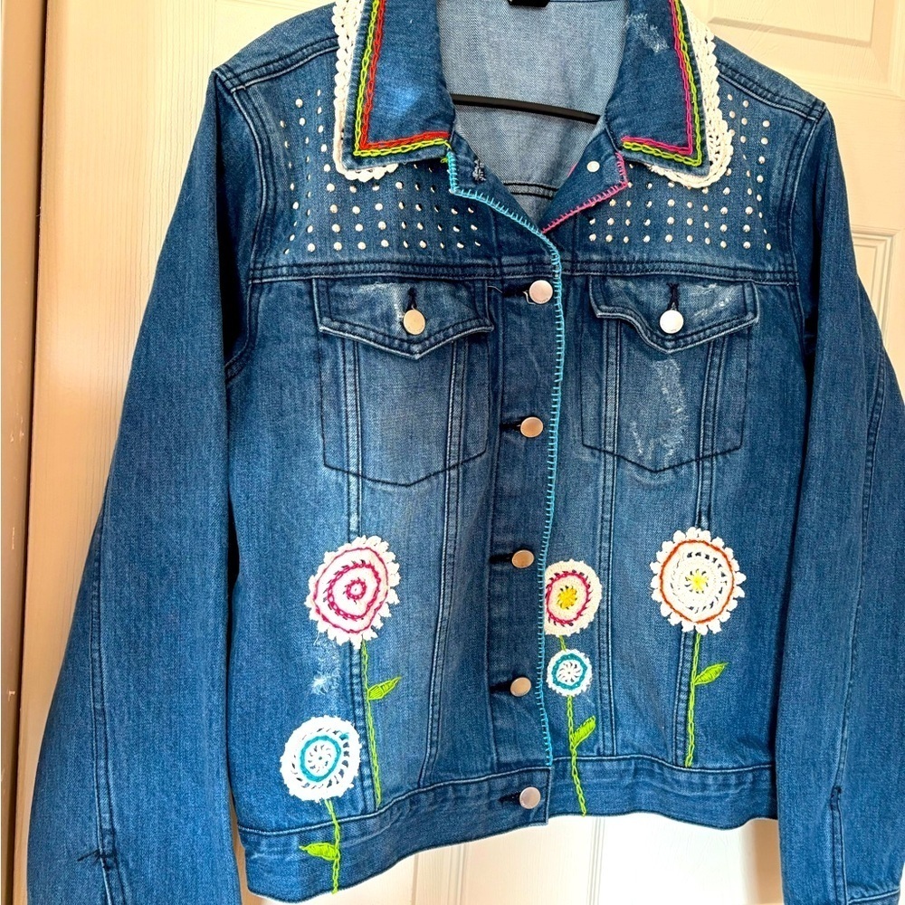 Embroidered Denim Jacket with Floral Design